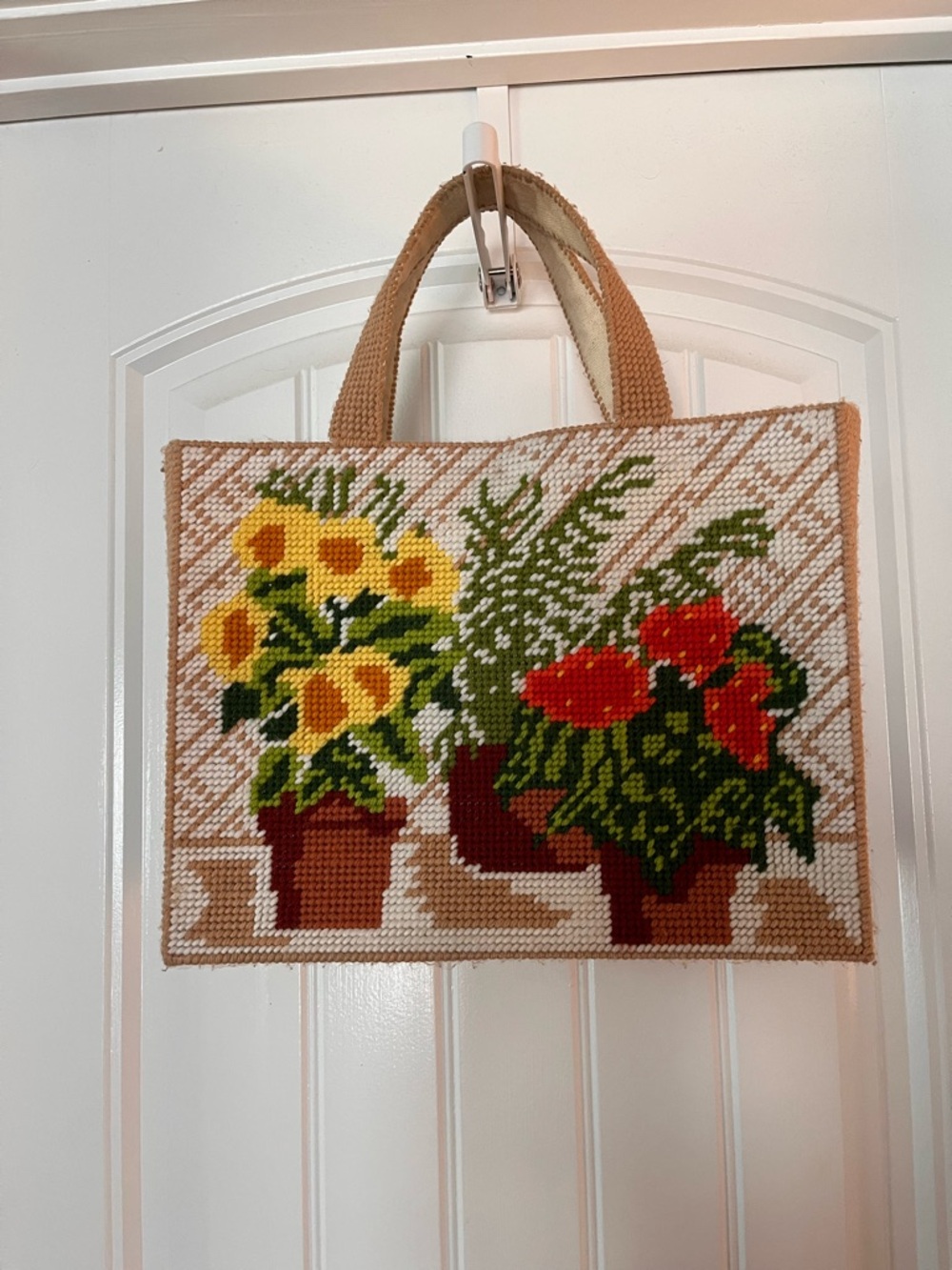 Handmade Floral Needlepoint Tote Bag in Beige and Green - Picture 2 of 3